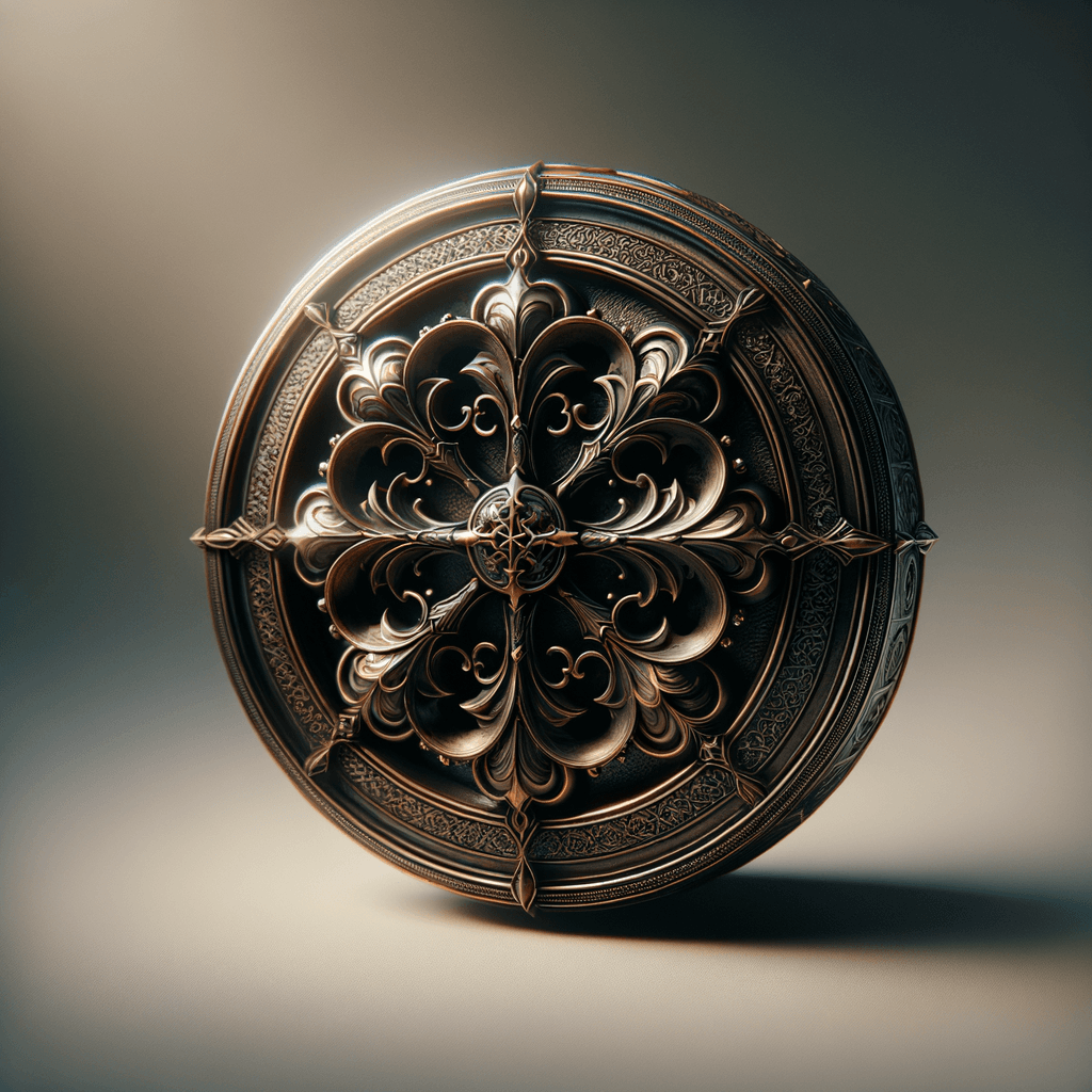 Scudo ornamentale medievale in metallo intagliato.