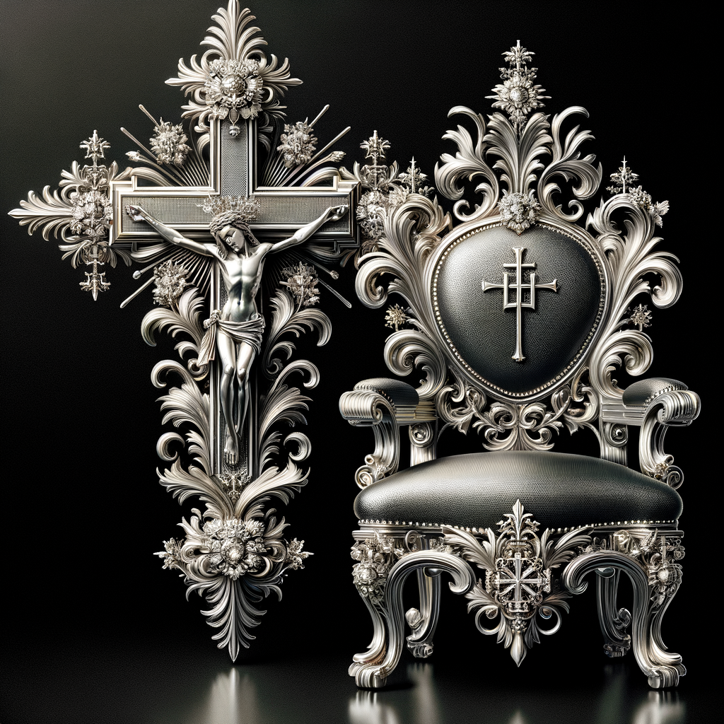 Croce e trono ornati, arte decorativa in argento.