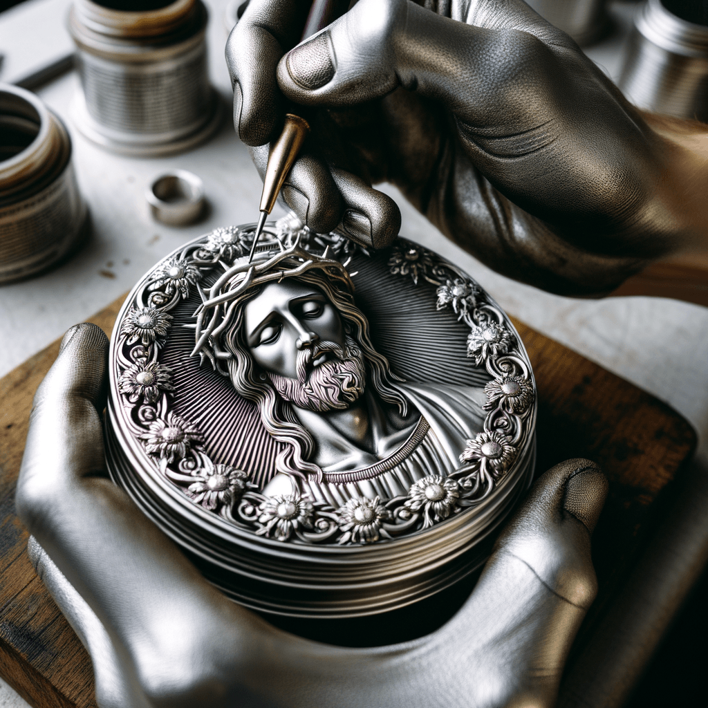 Lavorazione medaglione Gesù in argento con mani guantate.