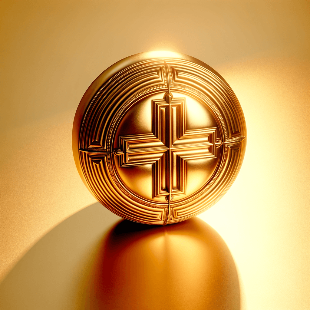 Moneta d'oro con incrocio decorativo.