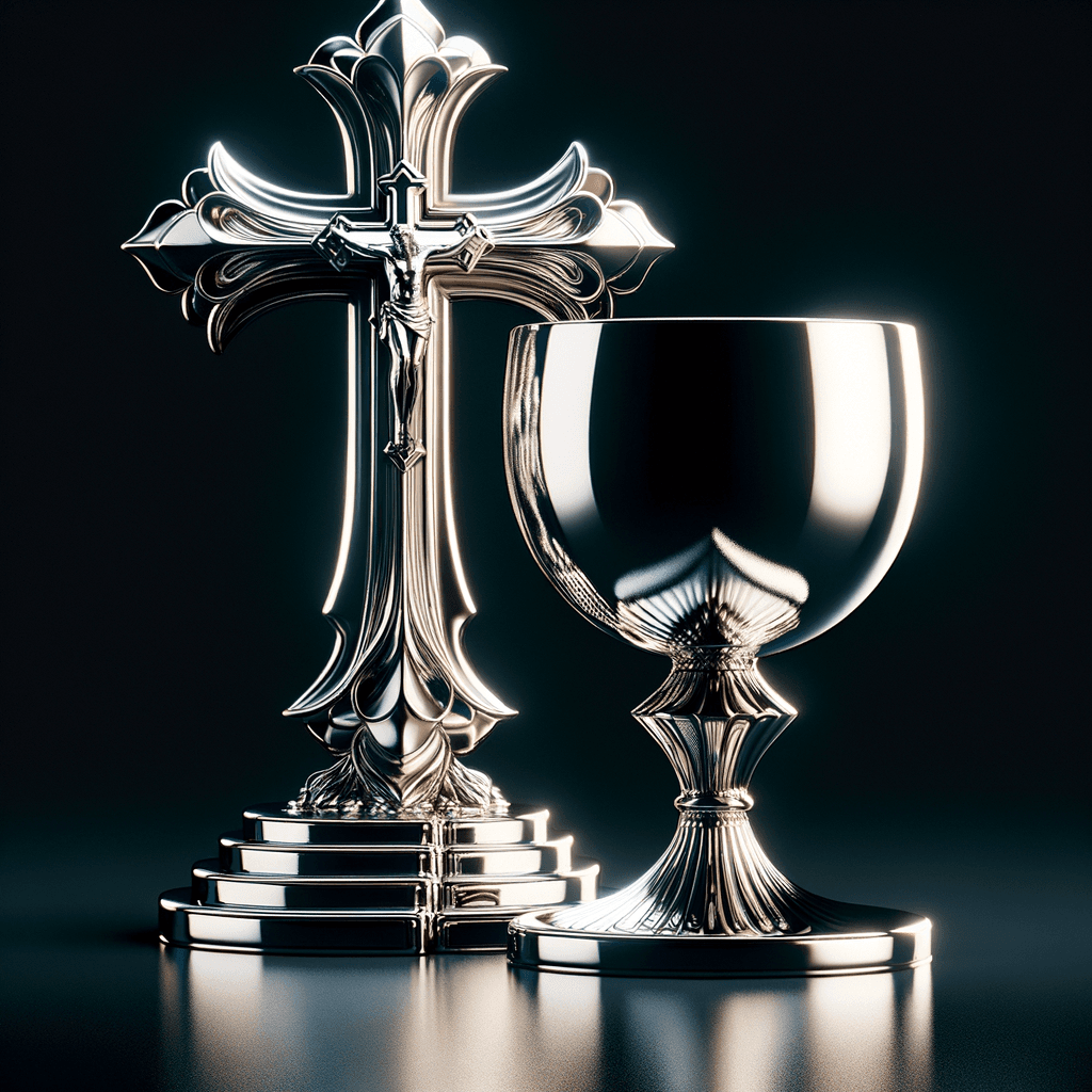 Crocifisso e calice brillanti su sfondo scuro