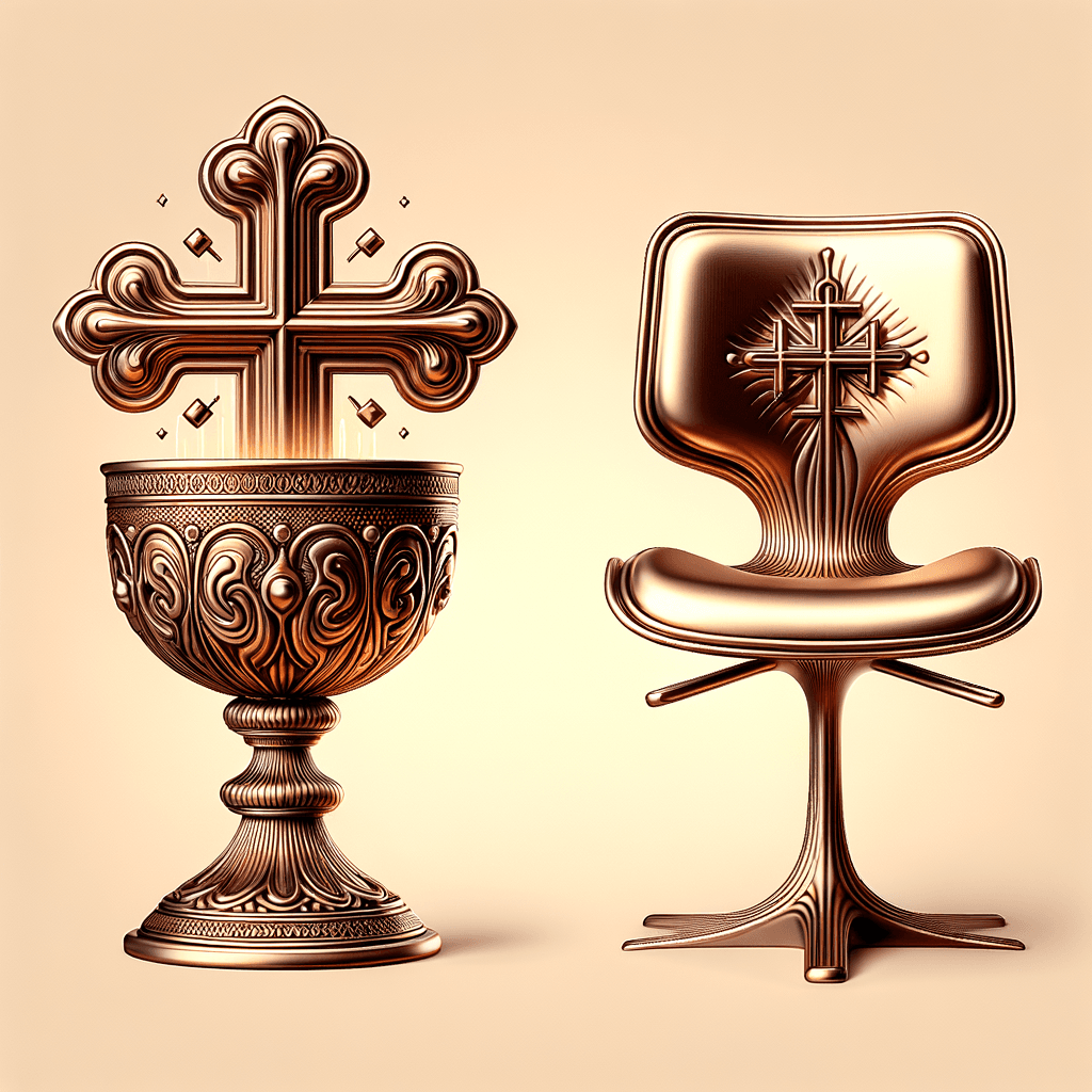 Calice decorato e sedia con simbolo croce