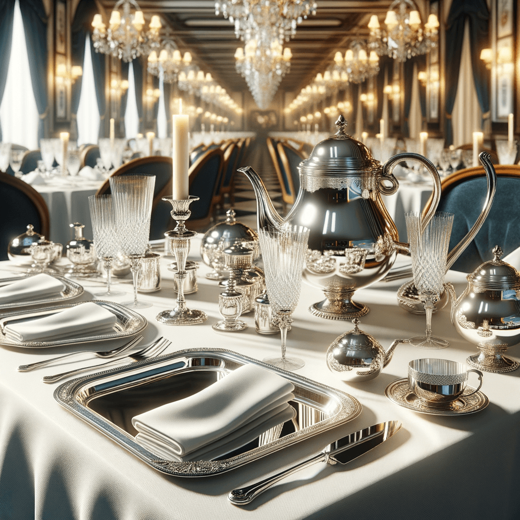 Tavola elegante apparecchiata con posate e stoviglie d'argento.