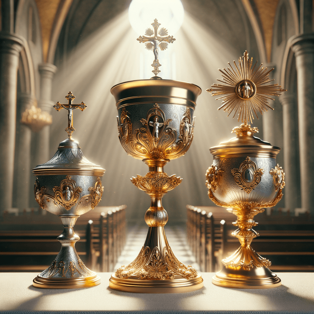 Calici dorati in chiesa illuminata