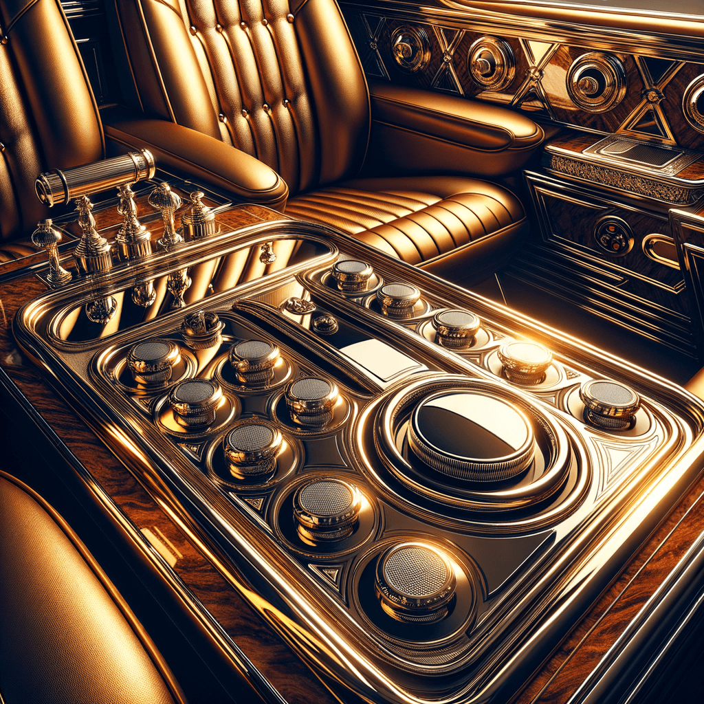 Interni auto lussuosi dorati con comandi eleganti.